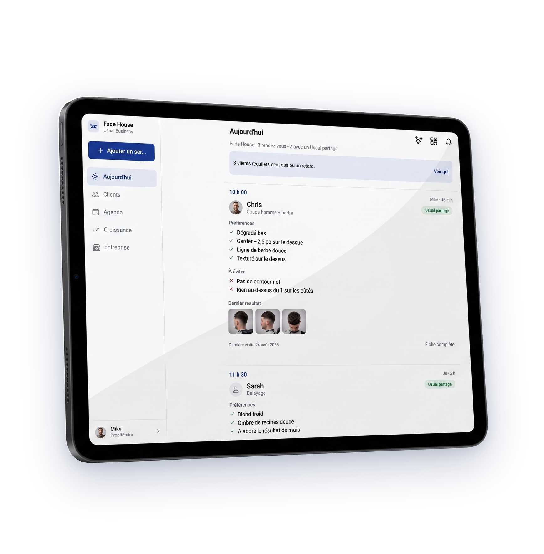 La vue Aujourd’hui de Usual Business sur un iPad : trois rendez-vous, chacun avec ce que le client a choisi de partager.