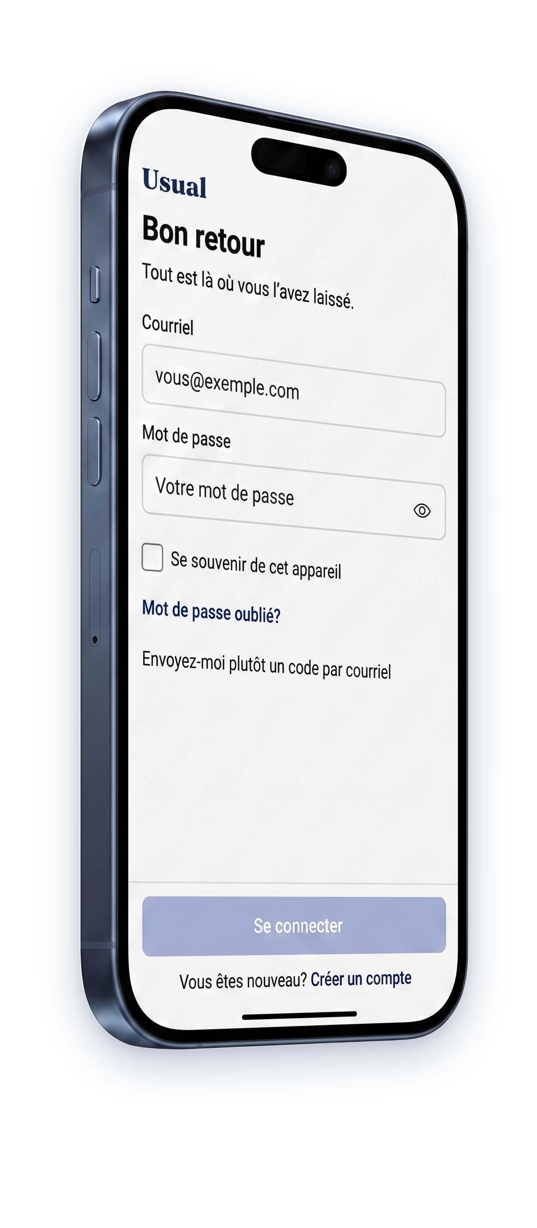L’écran de connexion de Usual : bon retour, tout est là où vous l’avez laissé.