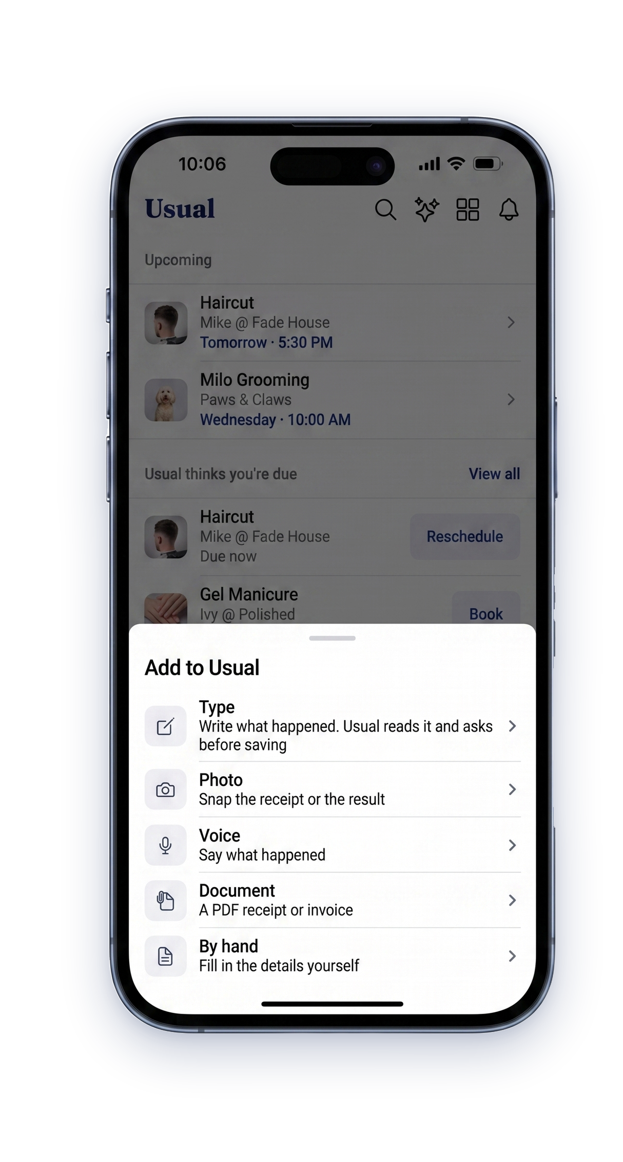 The Add to Usual sheet: type, photo, voice, document, or by hand.