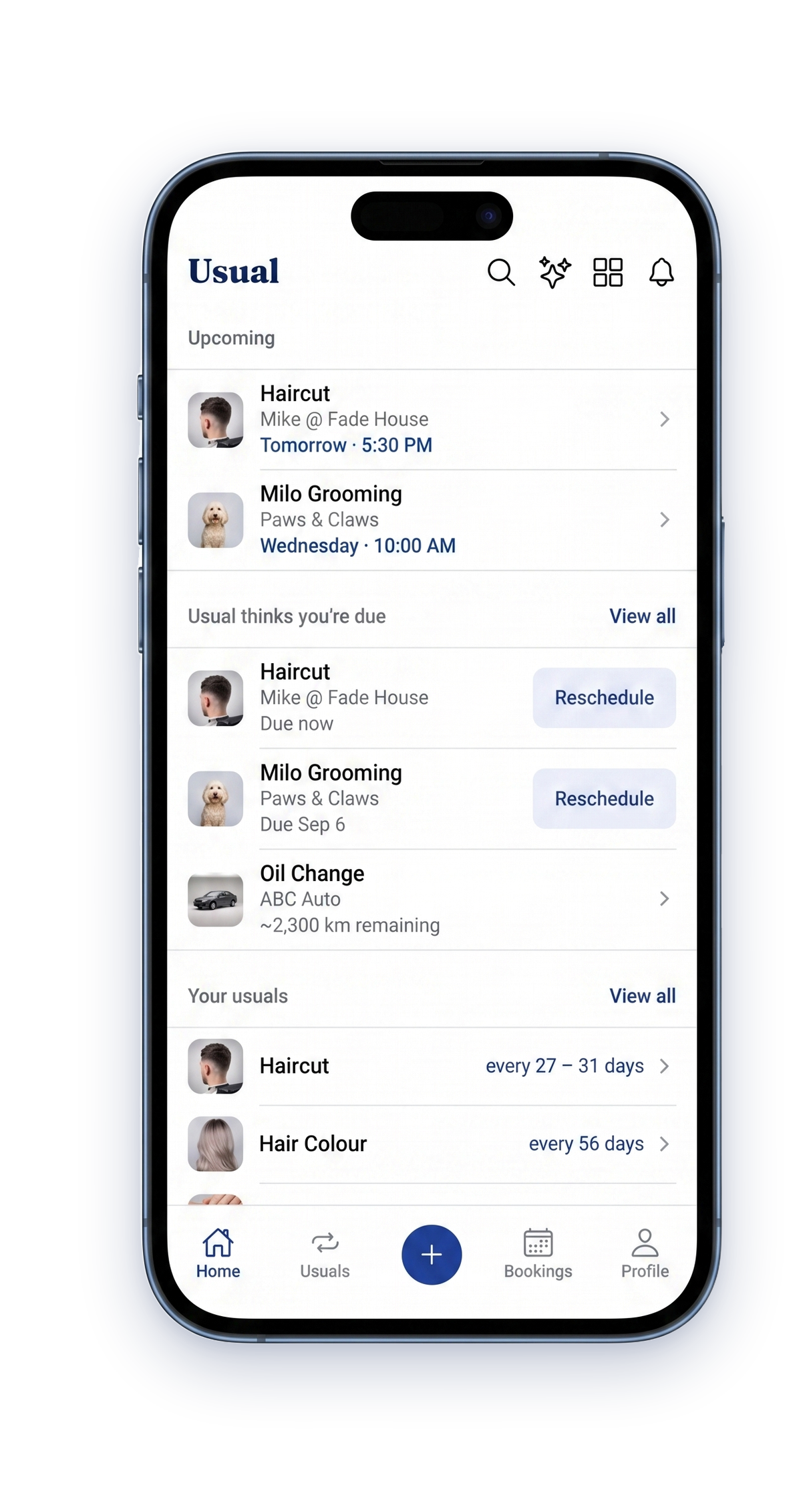 The Usual home screen: upcoming visits, what you are due for, and your usuals.