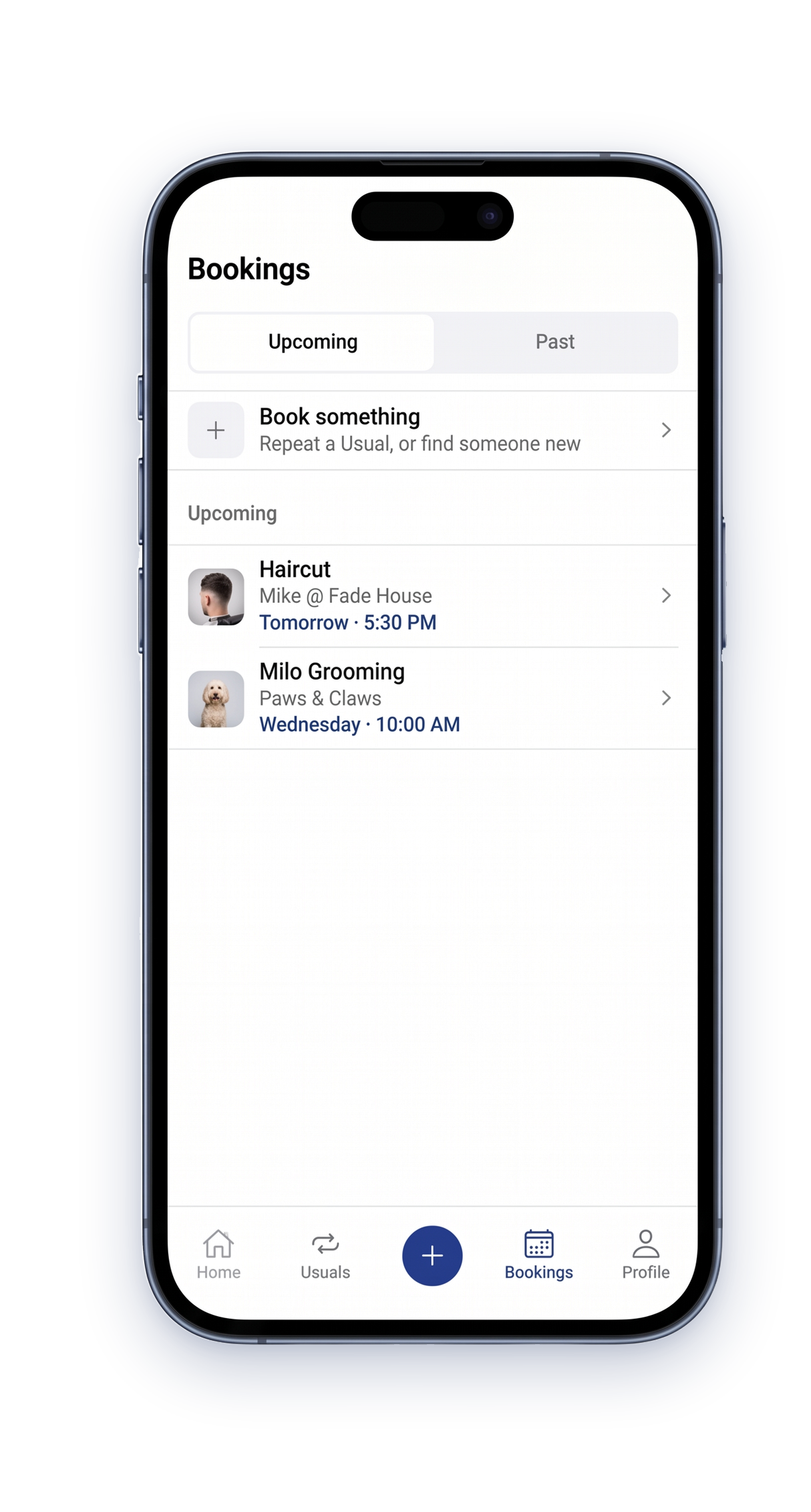 The Bookings screen: your upcoming visits in order.