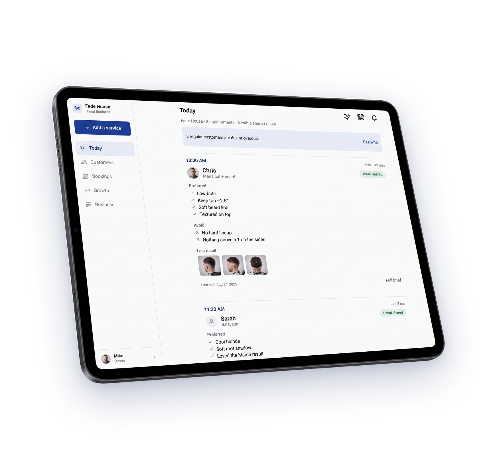 The Usual Business Today view on an iPad: three appointments, each with what the client chose to share.