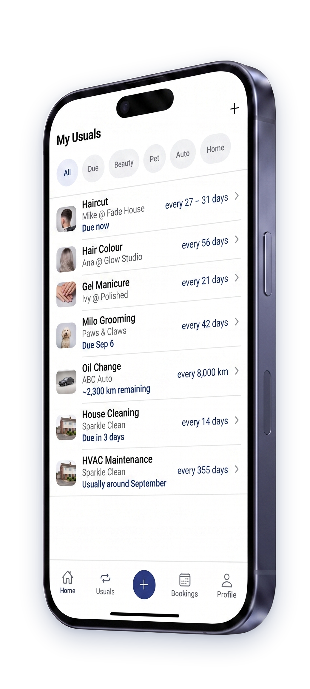 The My Usuals screen, a list of saved services with how often each recurs.