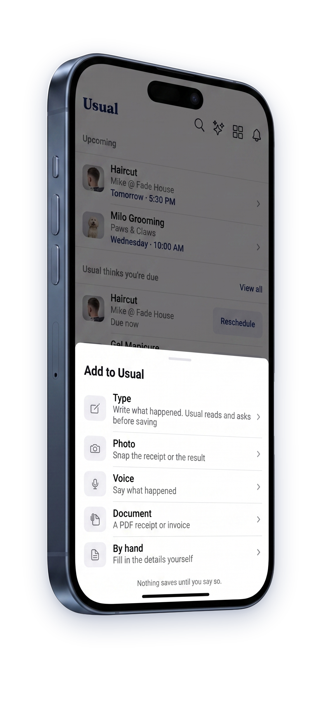 The Add to Usual sheet, offering type, photo, voice, document, and by hand.