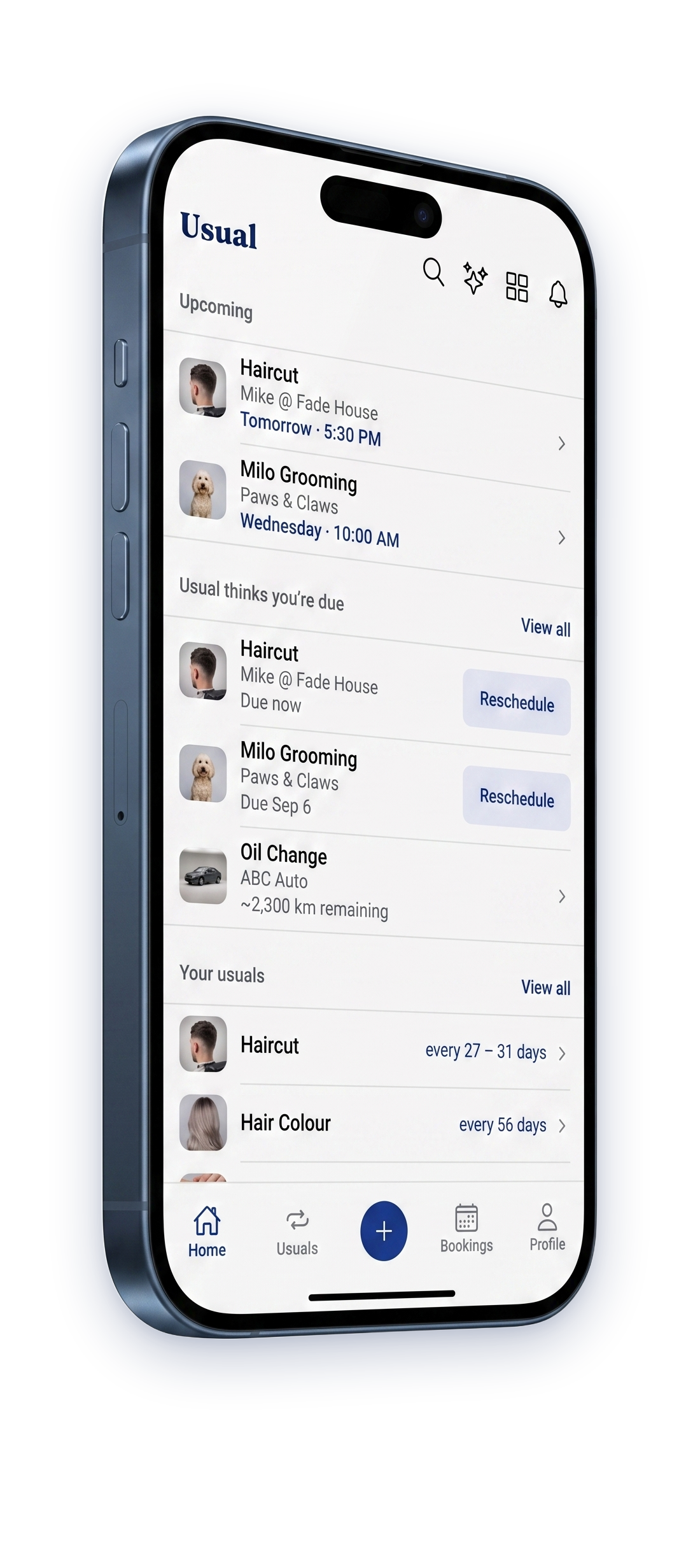 The Usual home screen: upcoming visits, what you are due for, and your usuals.