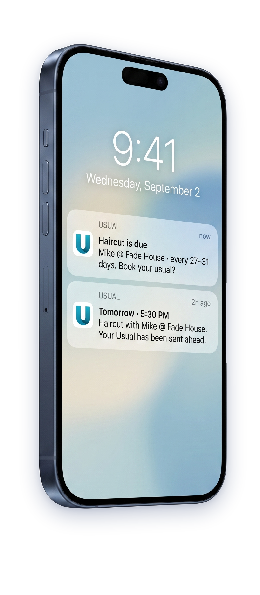 An iPhone lock screen with two Usual notifications: a haircut that is due, and tomorrow’s booking with the Usual sent ahead.