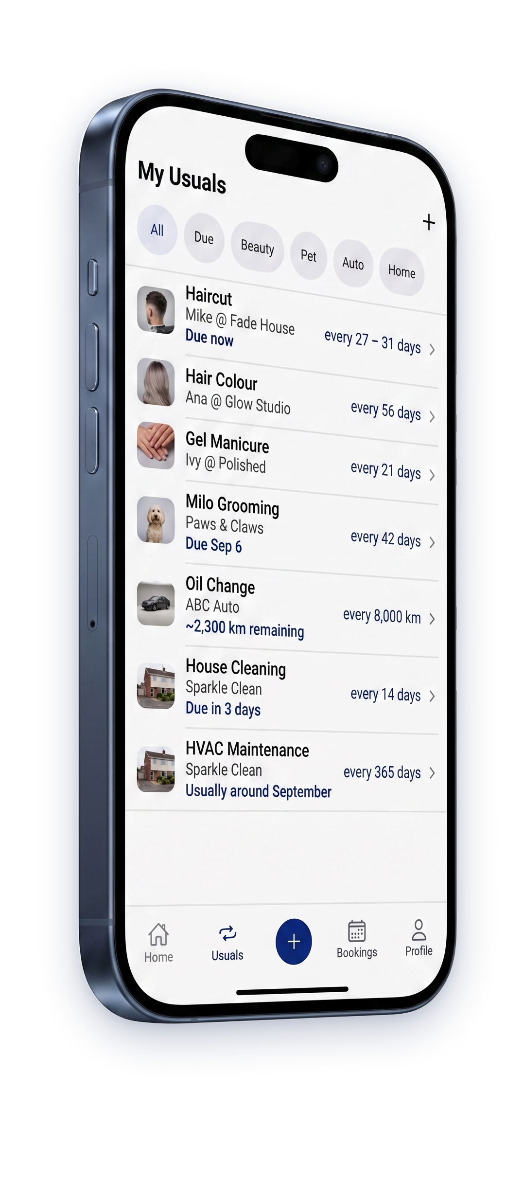 The My Usuals screen, a list of saved services with how often each recurs.
