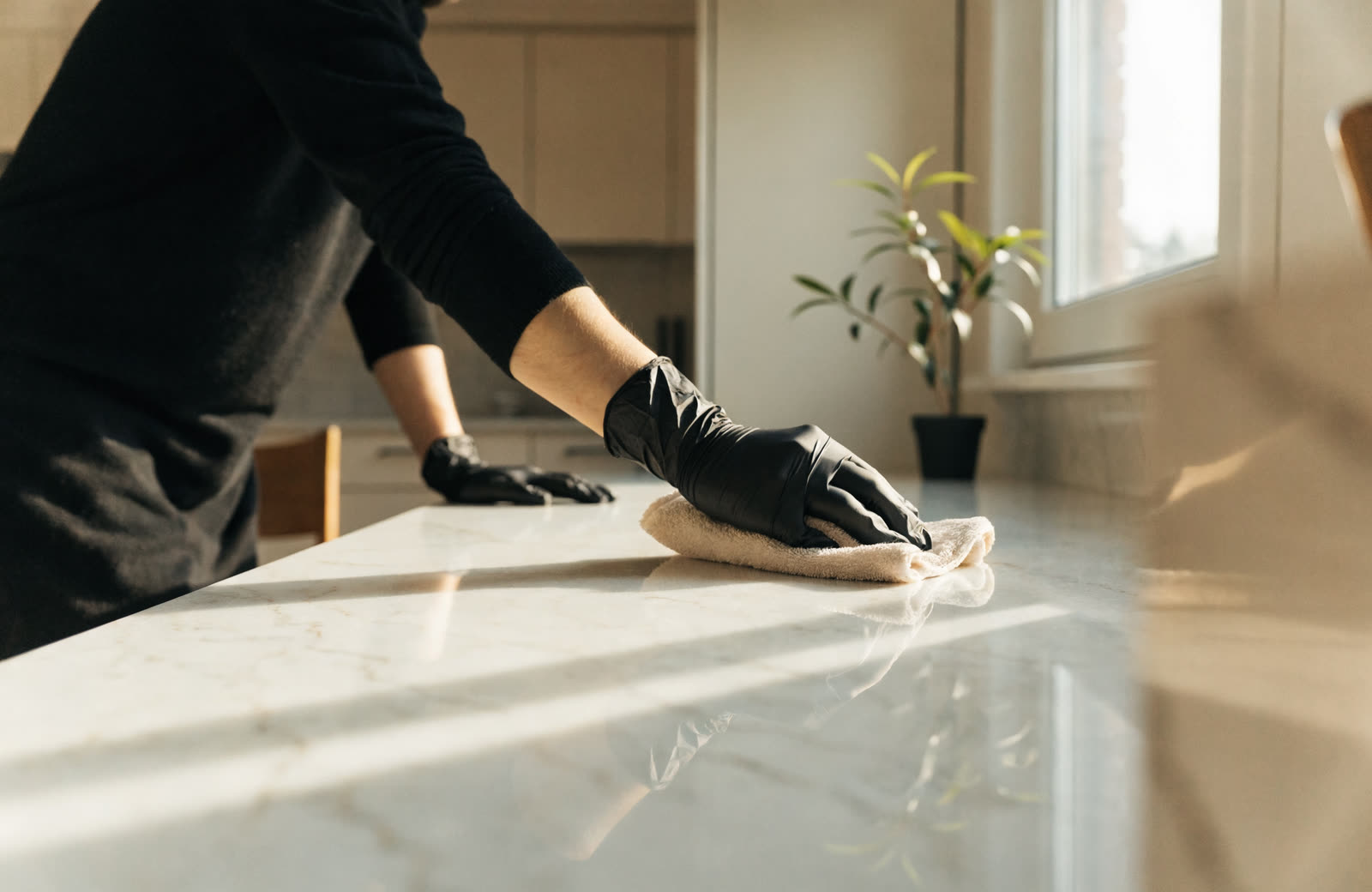 A cleaner wiping a marble counter in a sunny kitchen.