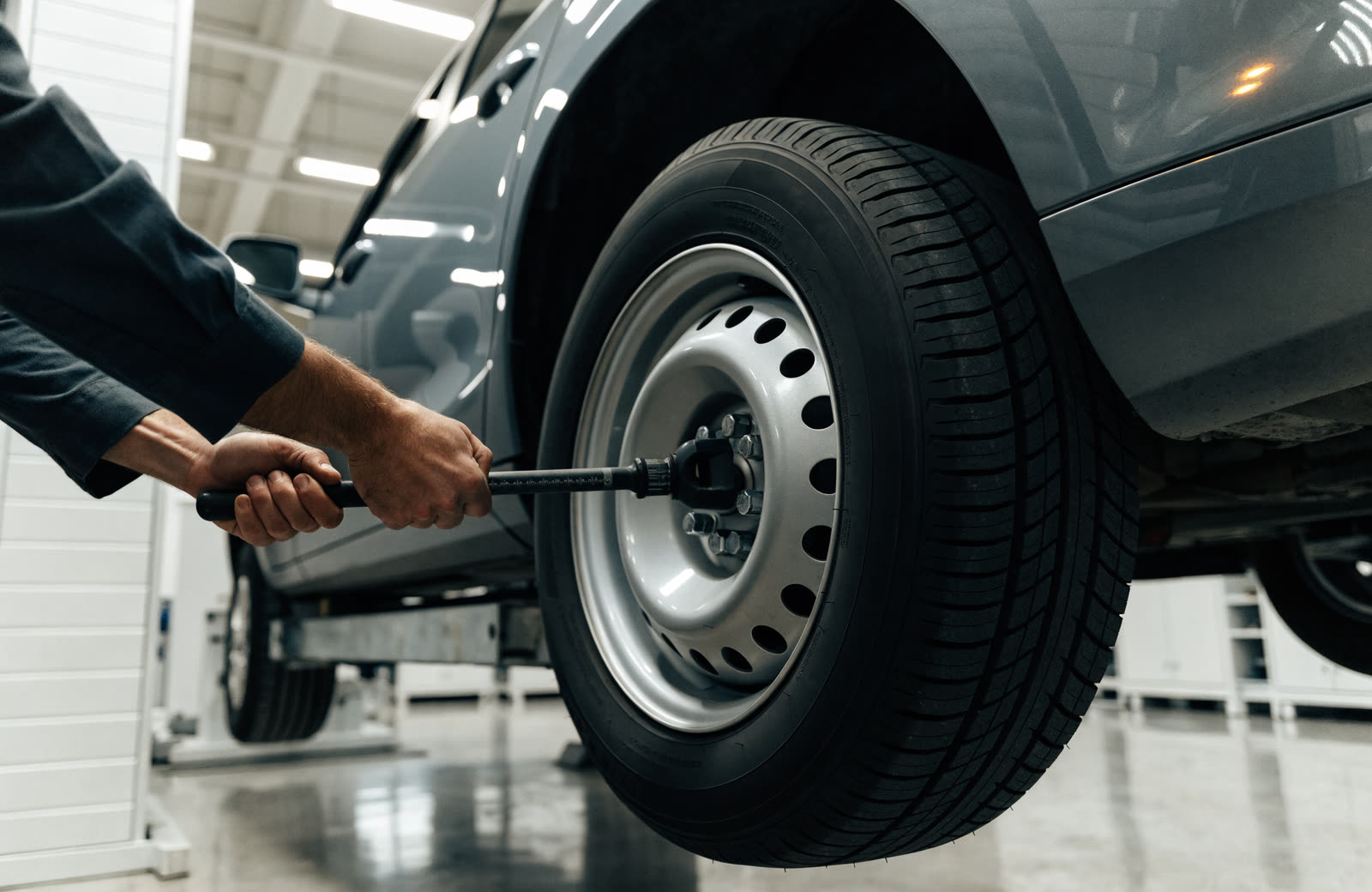 A mechanic torquing a wheel in a clean bay.